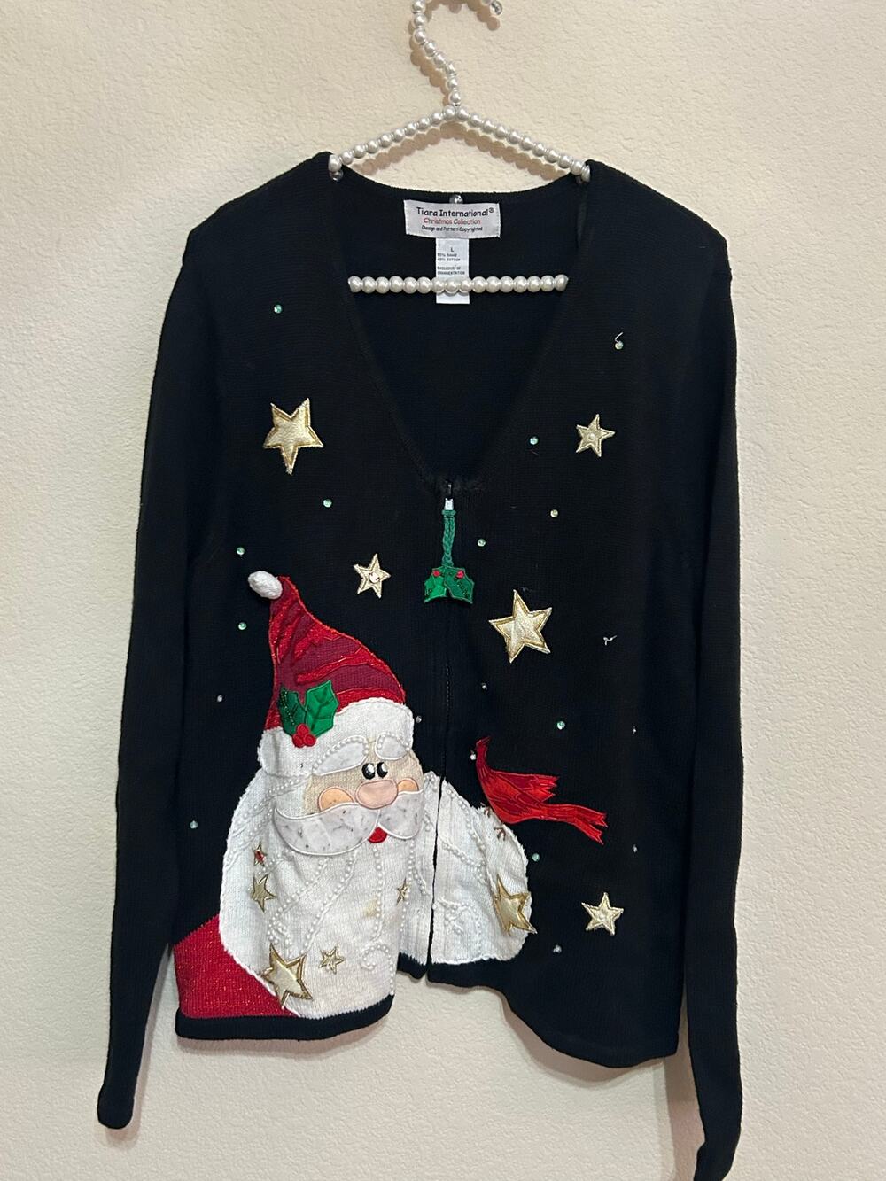 Vintage Christmas Sweater Jacket Black Knit Full Zip